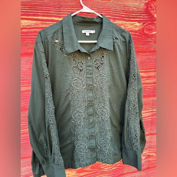 Chico's size 4/US 20 deep spruce green eyelet lace cotton cutout blouse - Picture 4 of 10